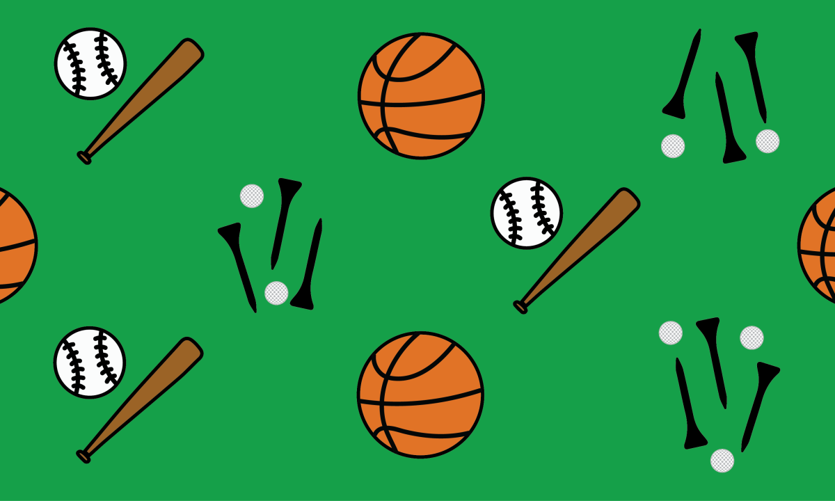 Green background with cartoon basketballs, golf tees, baseball bats and balls.