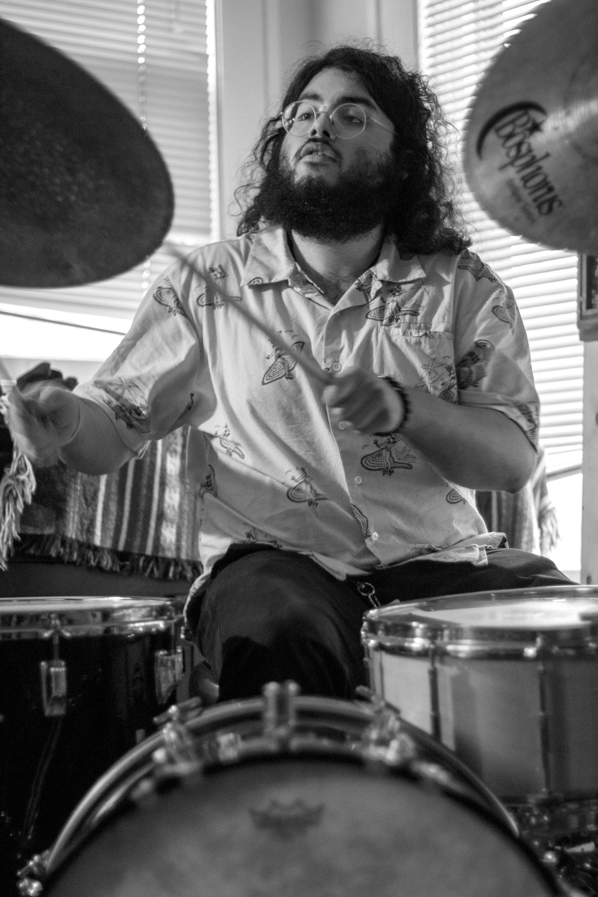   Drummer Brandon Medellin plays with HYAH! on PorchFire's indoor stage.  