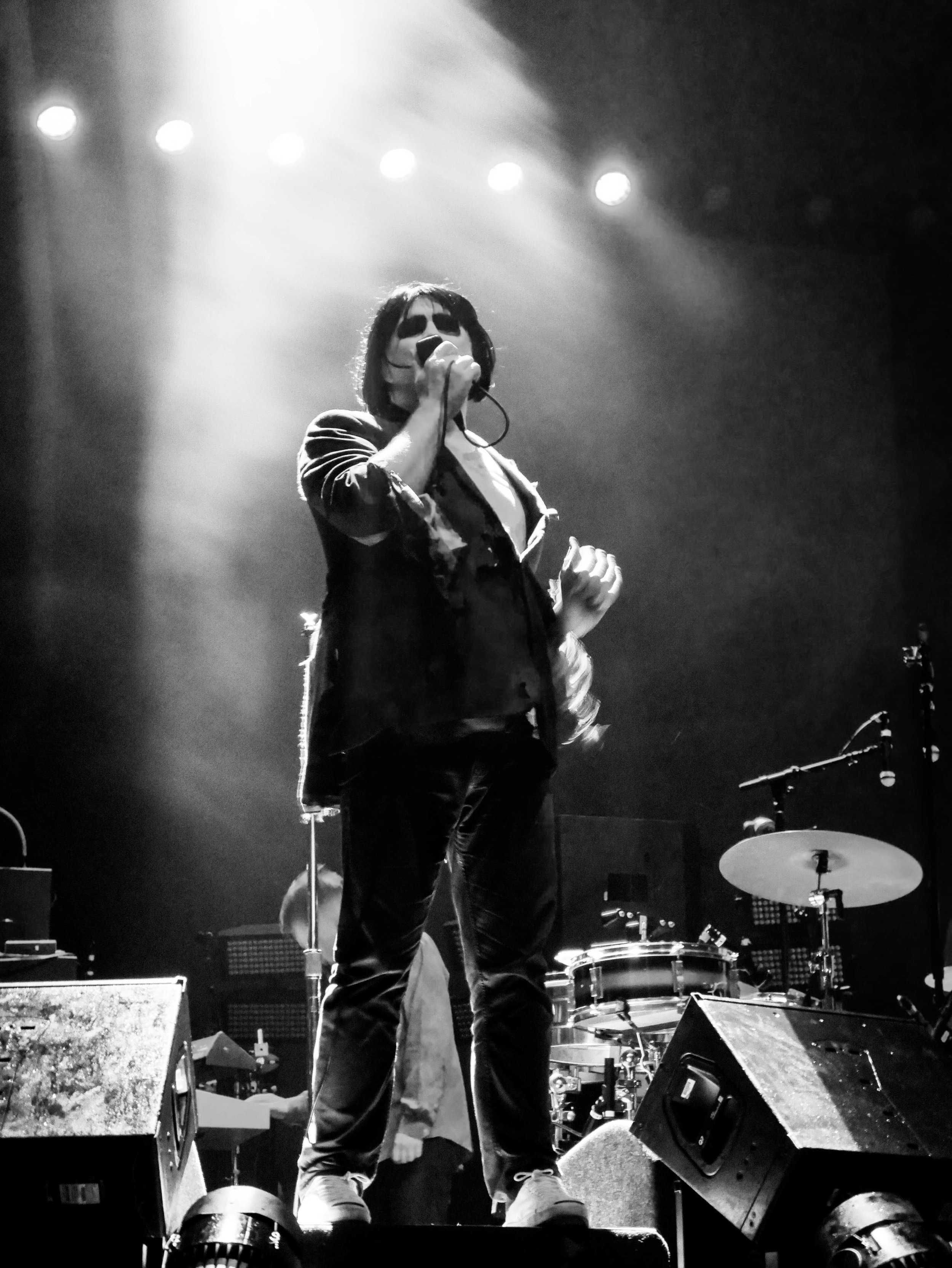   Dressed as a ghoul, lead singer James Murphy performs at the Austin360 Amphitheater.  