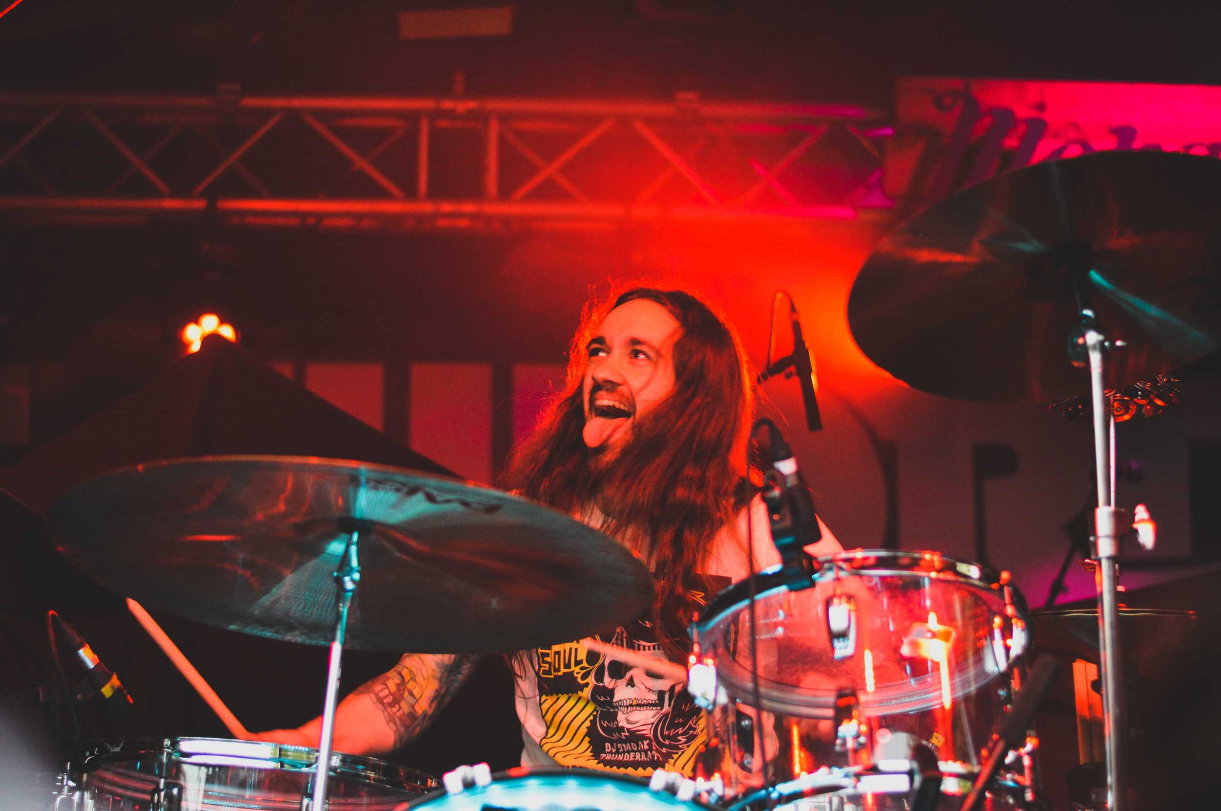   King Buffalo’s drummer, Scott Donaldson, gets more into their heavy opening set.  