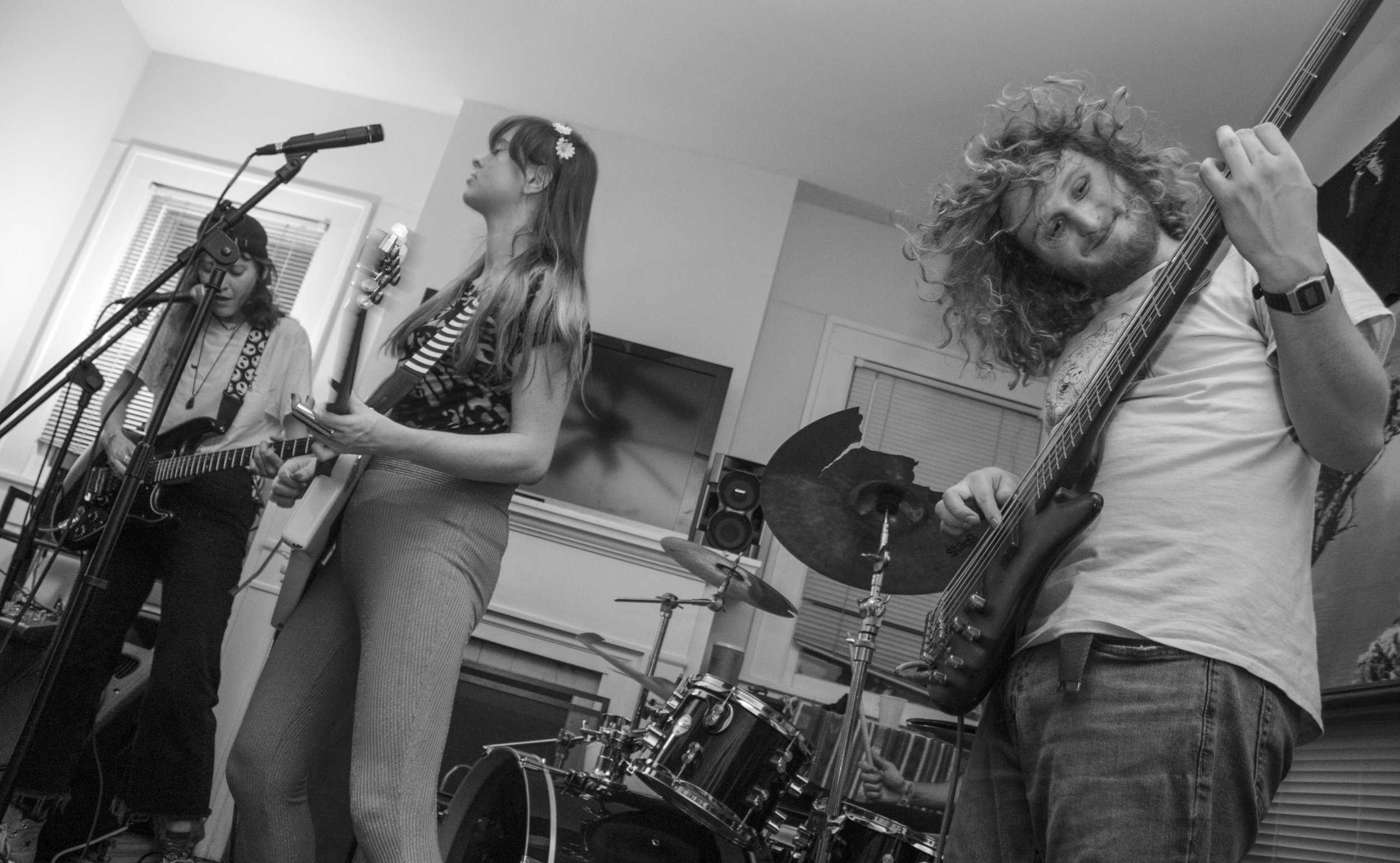   Bassist John Young of Merry Jane &amp; The Fondas whips his curls back.  