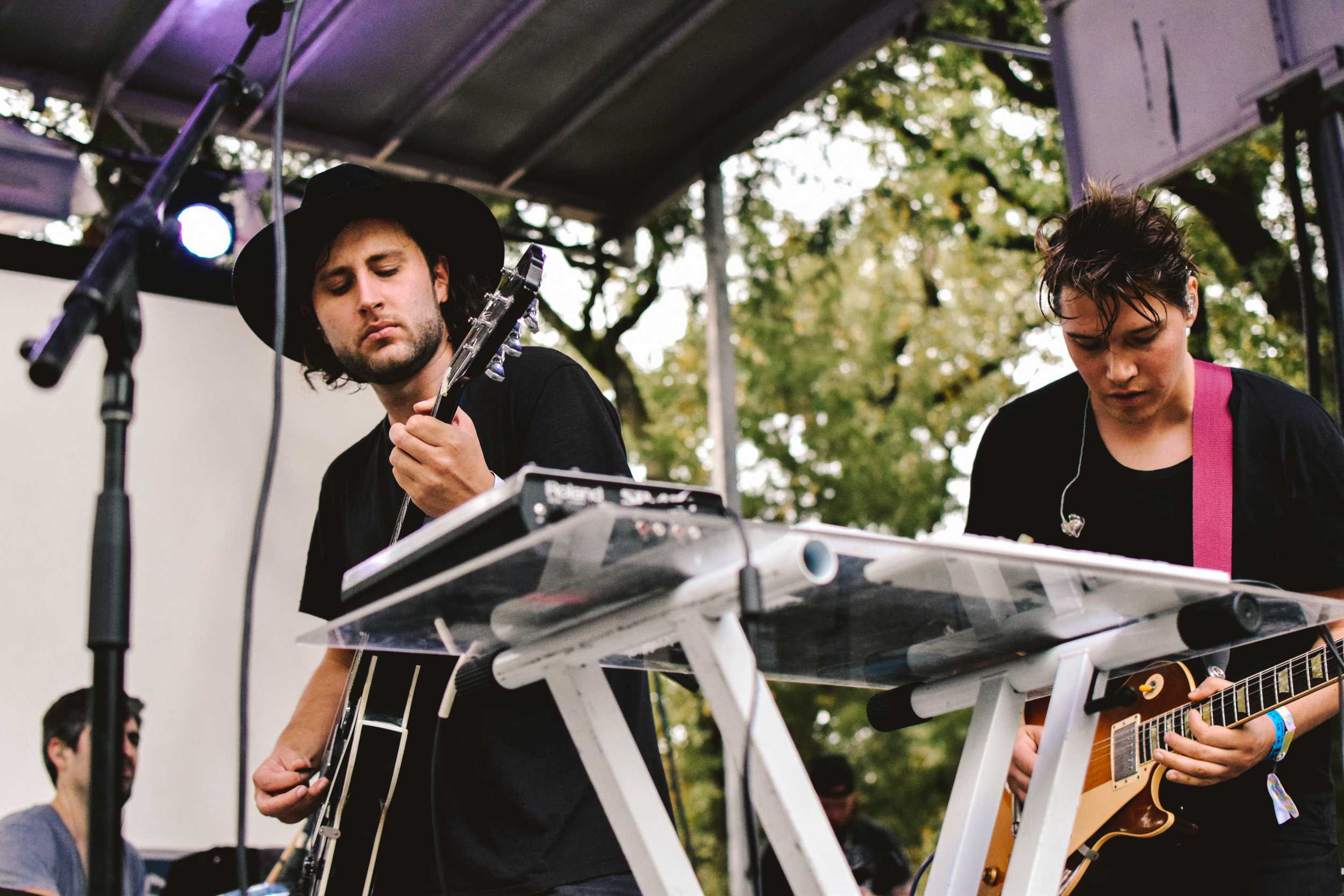   Lead singer Josh Kolenik (left) and guitarist/keyboardist Ryan Heyner (right) of Small Black play to the crowd.  