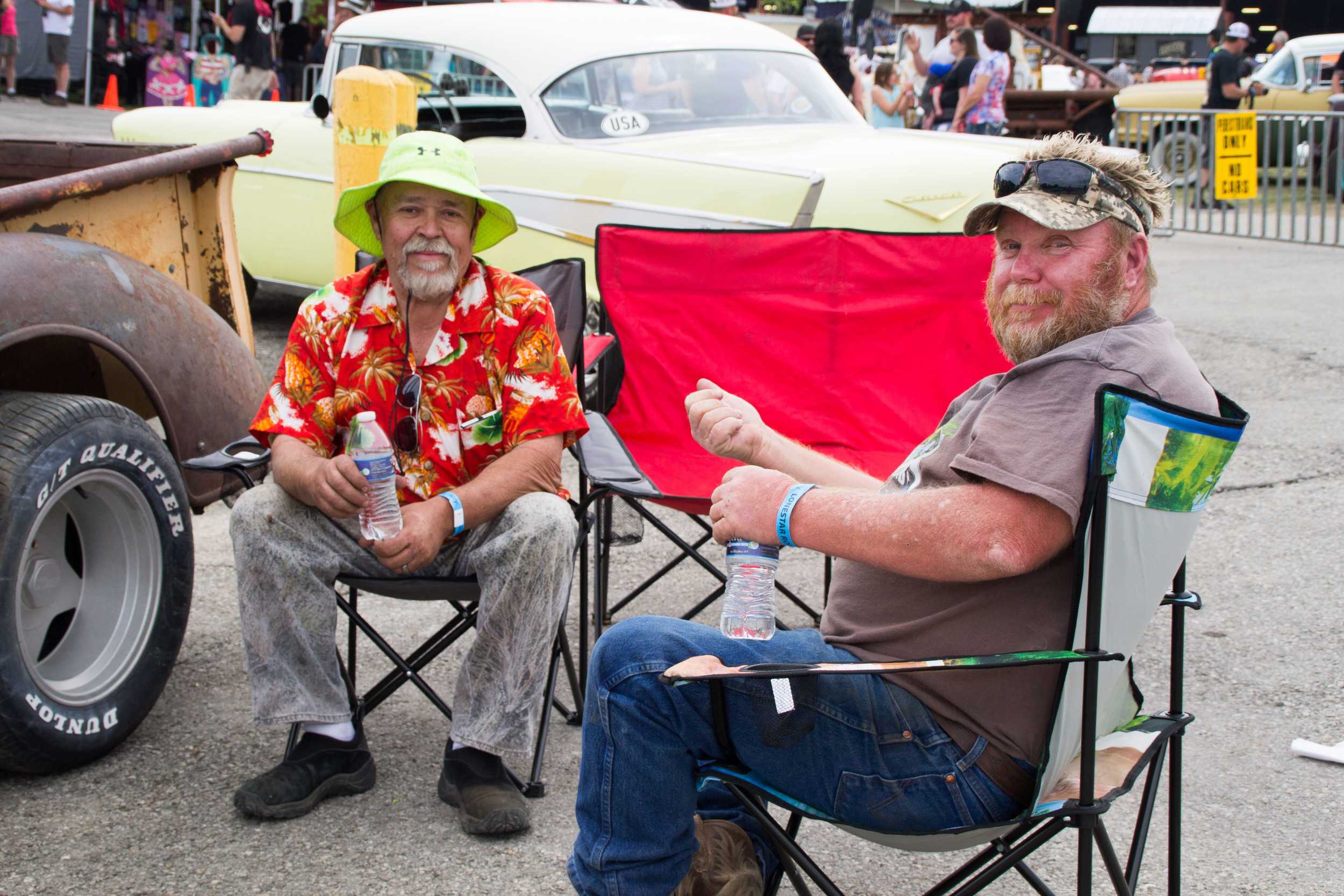  Friends Jacques Tixier and JB Kingston relax next to their showpieces. Although Kingston isn’t a mechanic like Tixier, they share a love of cars. They’ve held a fast friendship ever since they met years ago in the junkyard where Tixier often finds h