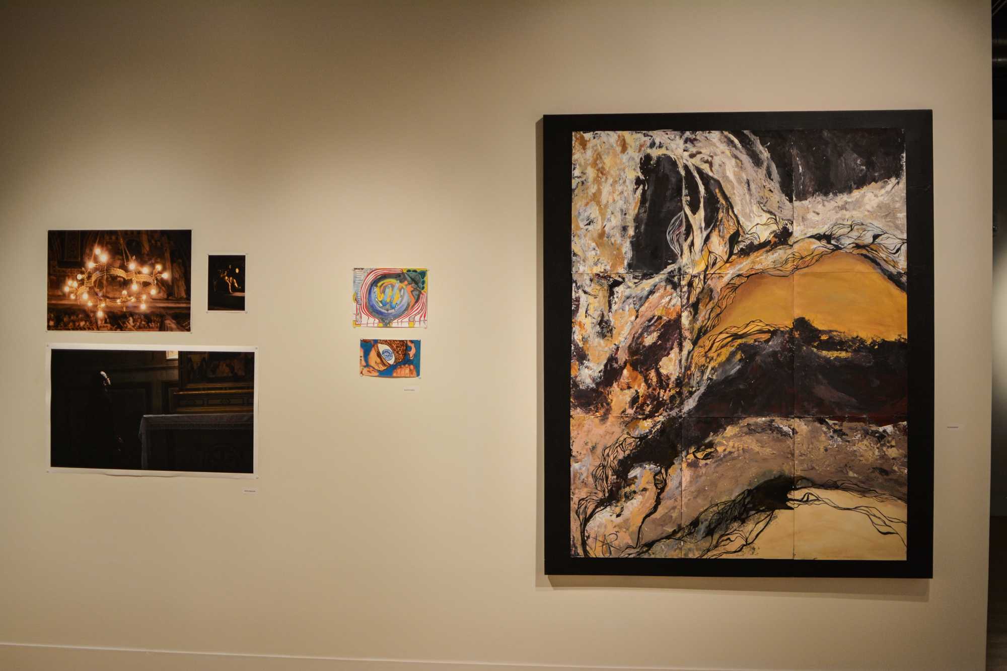   The pieces displayed in the Study Abroad Art Show in the Visual Art Center vary in size and material.  