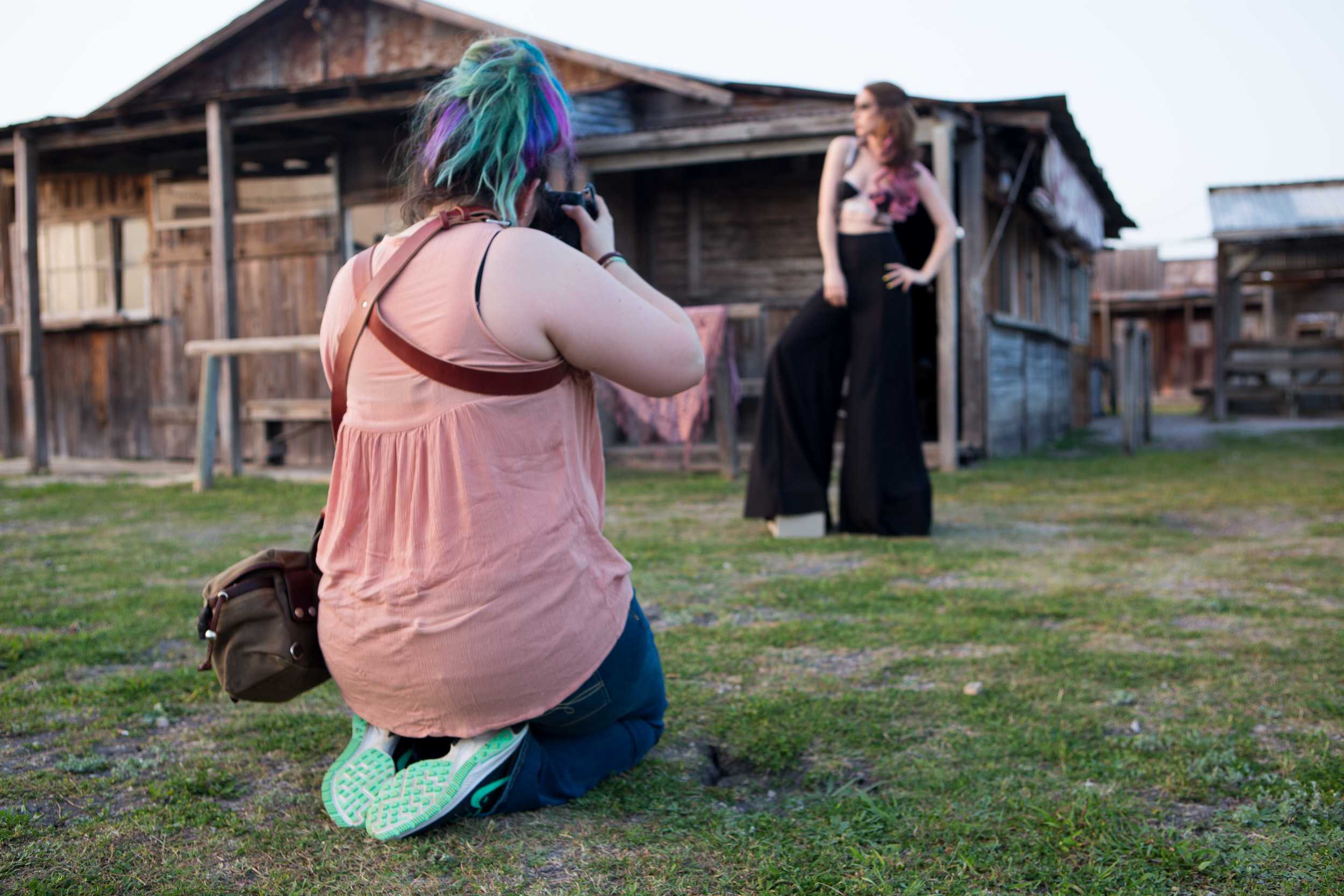   Nordström shoots model Anna Cash on top of hidden cinderblocks to give her height against her backdrop.  