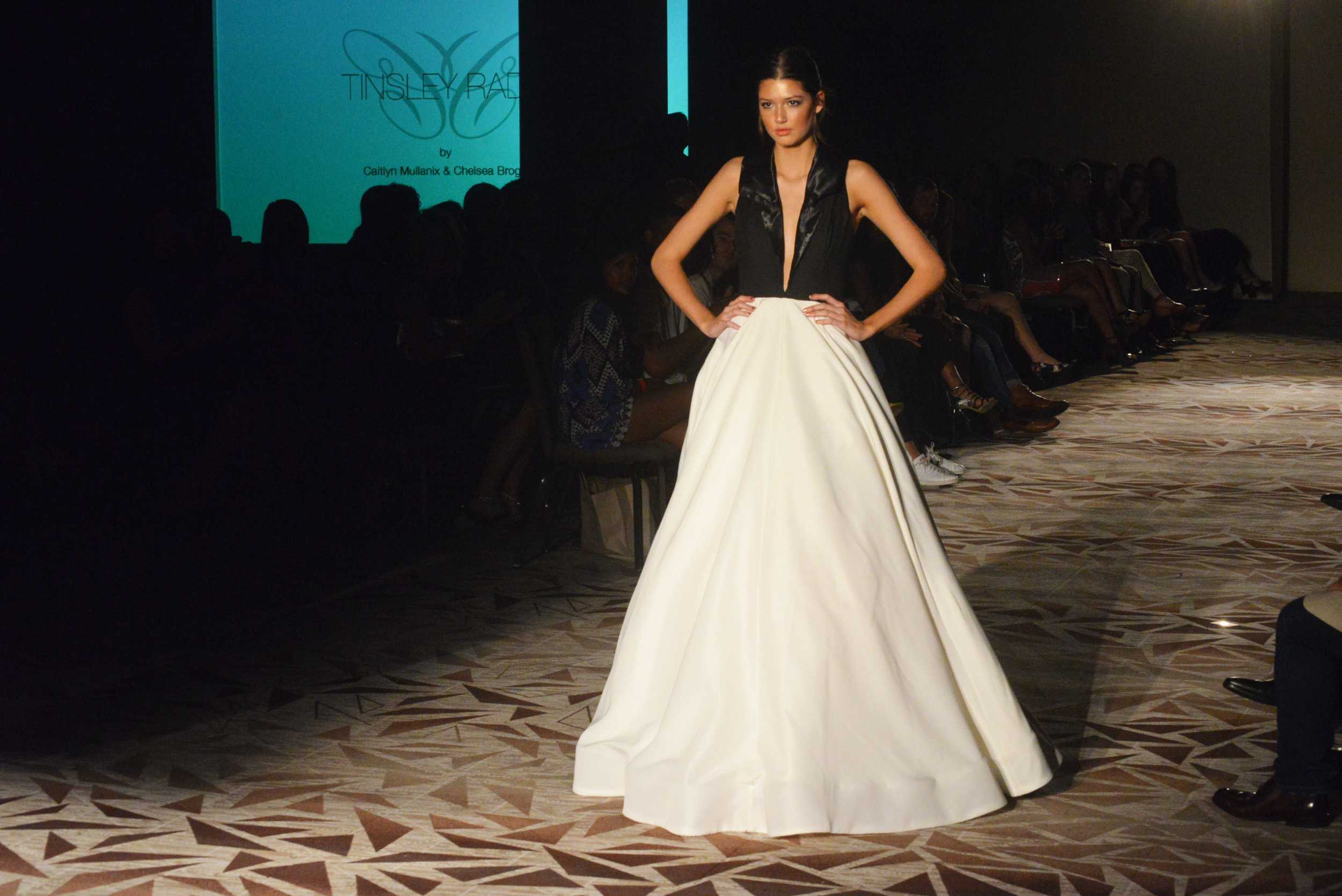   A model stuns in a color-blocked and plunging a-line evening gown from designer Tinsley Radix. Photo by Dahlia Dandashi.  