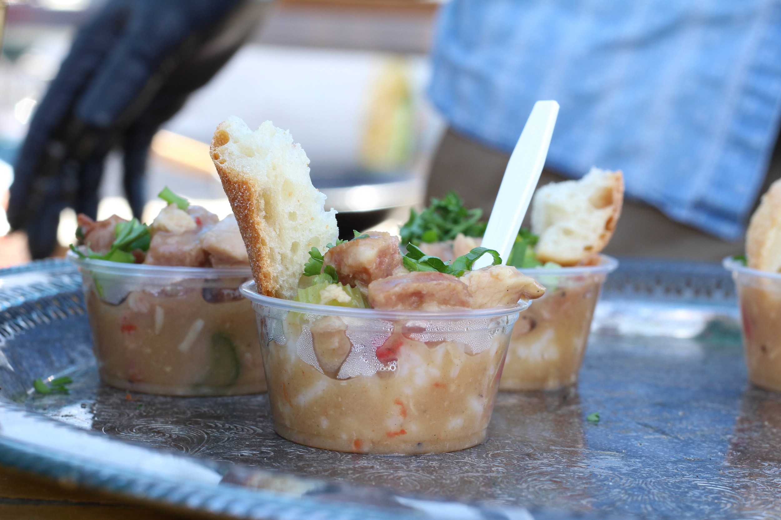   Thirteen varieties of gumbo were served at the cook off. Some of the samples were accompanied with pieces of bread.  