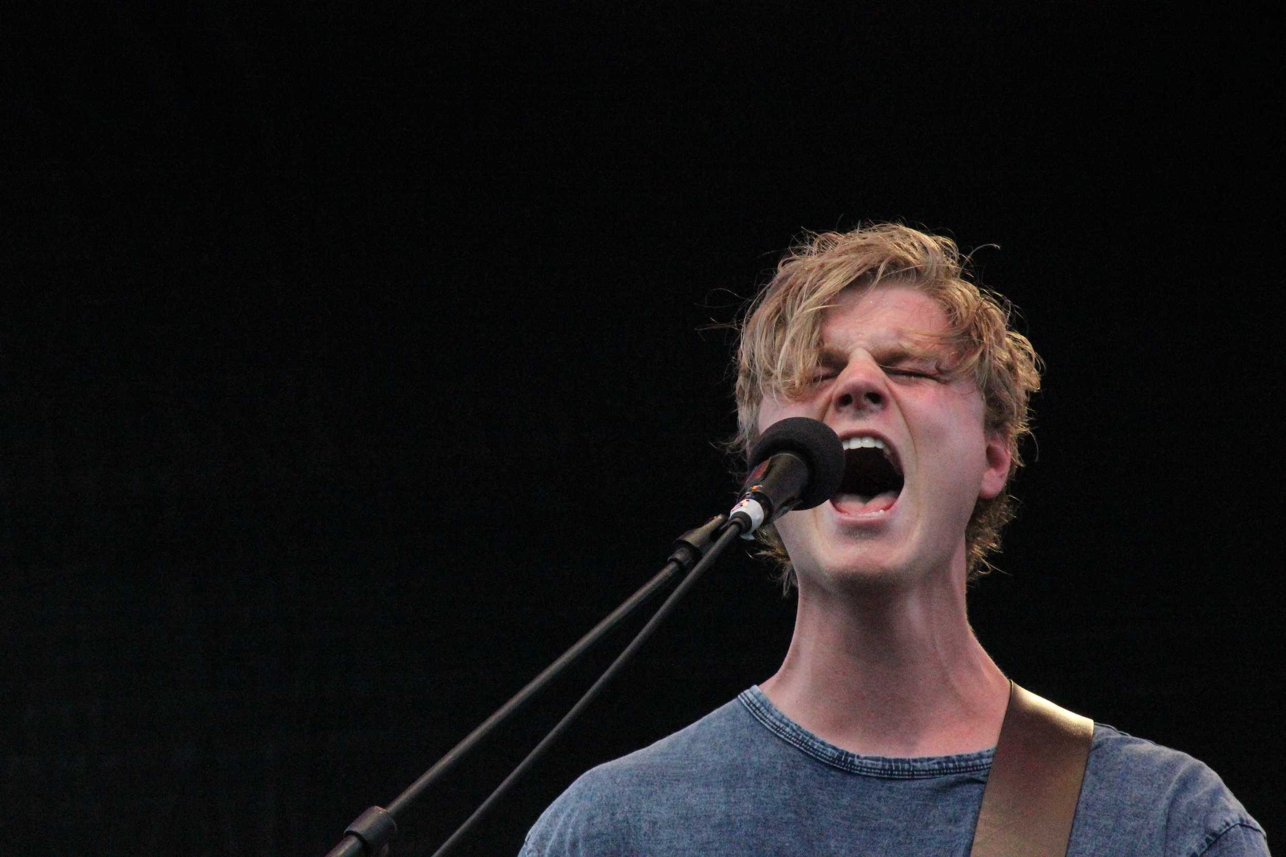  Colony House lead singer Caleb Chapman performs at the IFC Fairgounds. Photo by Tess Cagle.&nbsp; 