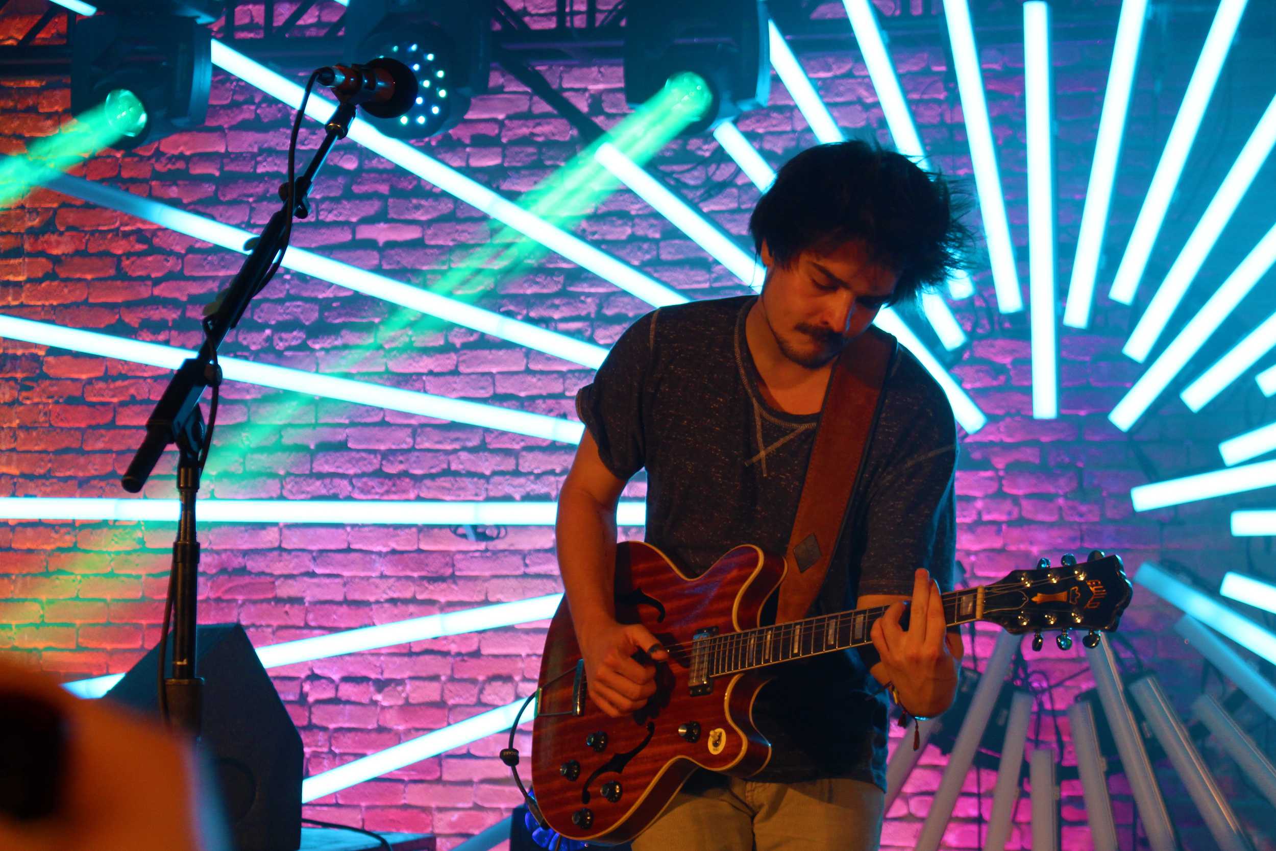  Clemens Rehbein of Germany folk duo Milky Chance tears it up at the Yahoo! showcase at Brazos Hall. Photo by Samantha J. Grasso.&nbsp; 