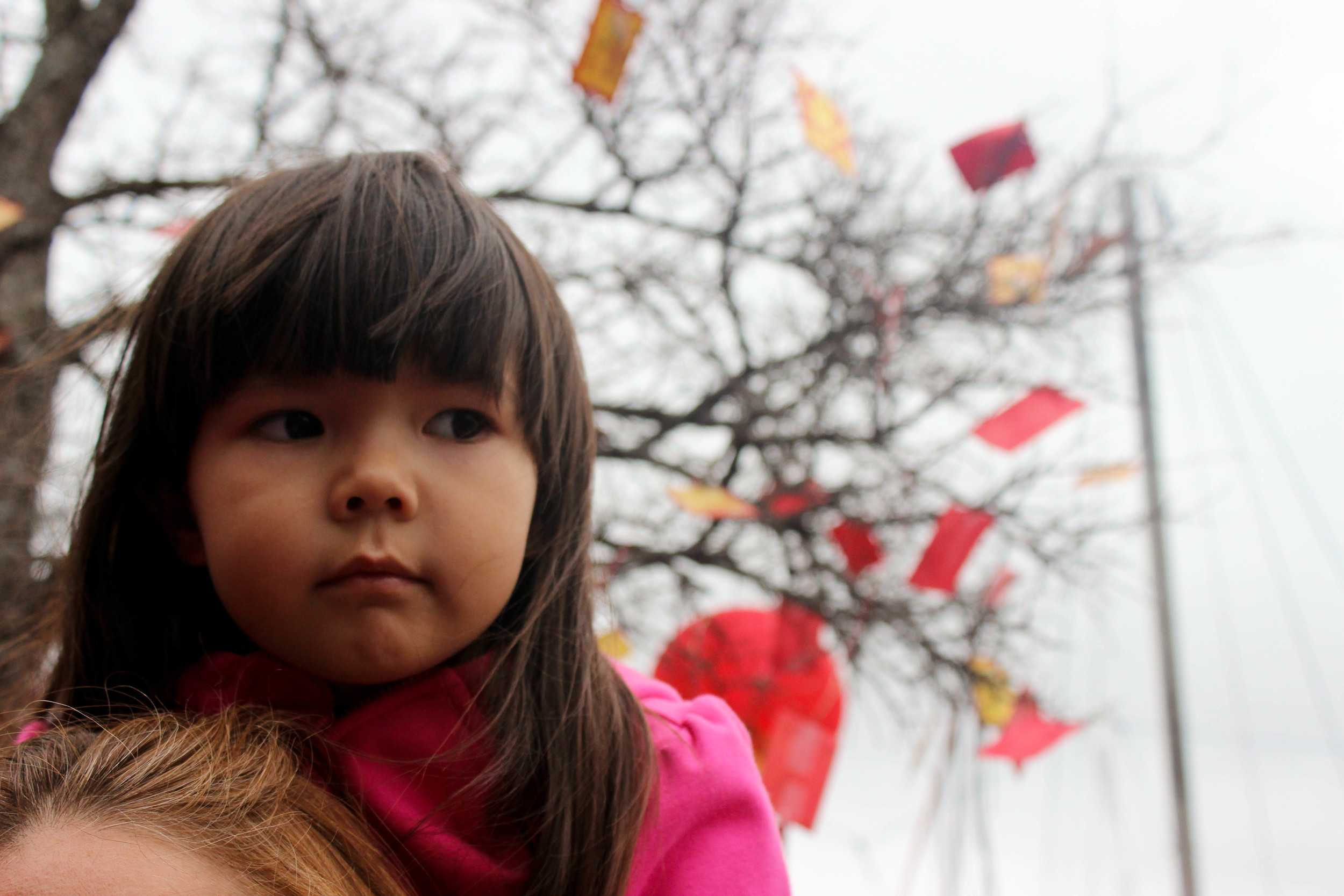  This little girl gets prime viewing of the shows atop one's shoulders. 