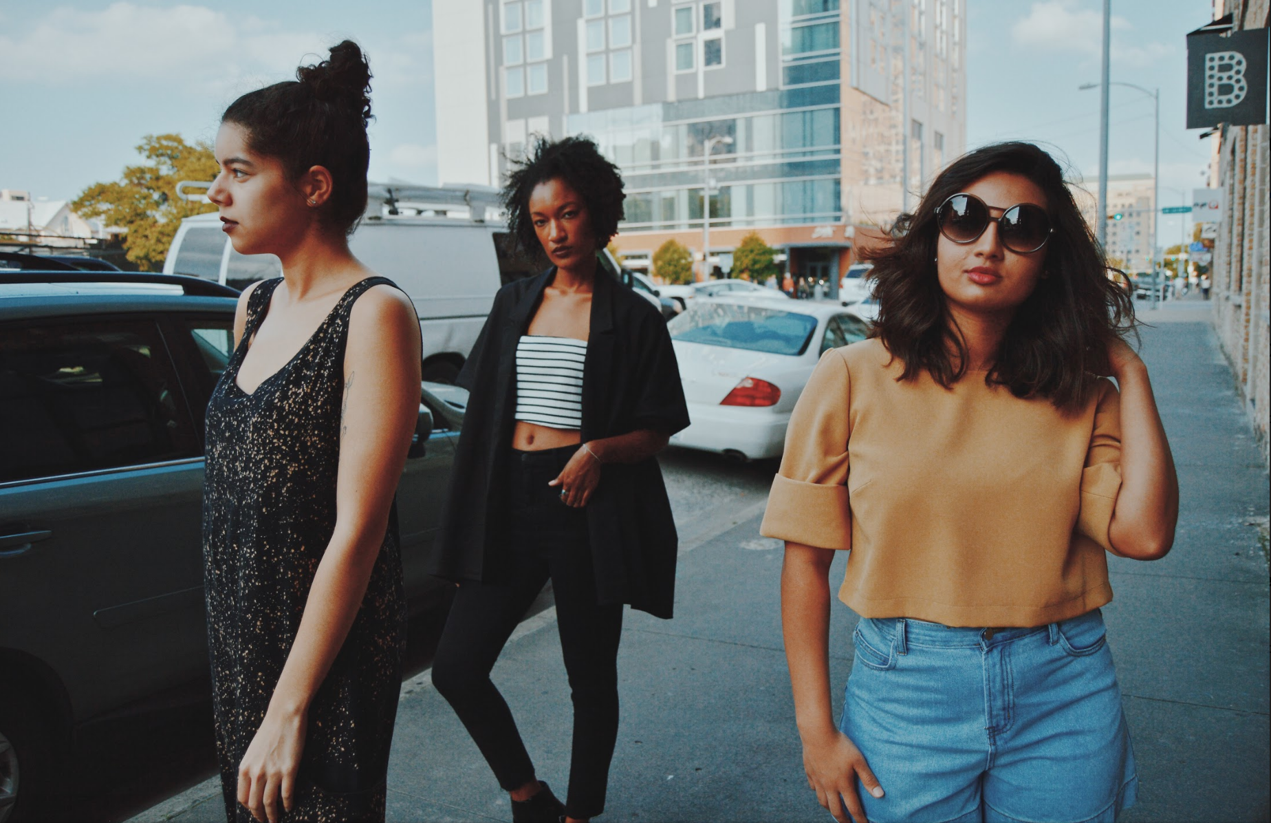    (From L to R) Melina, Saumya and Ebanie pictured outside Once Bitten.   