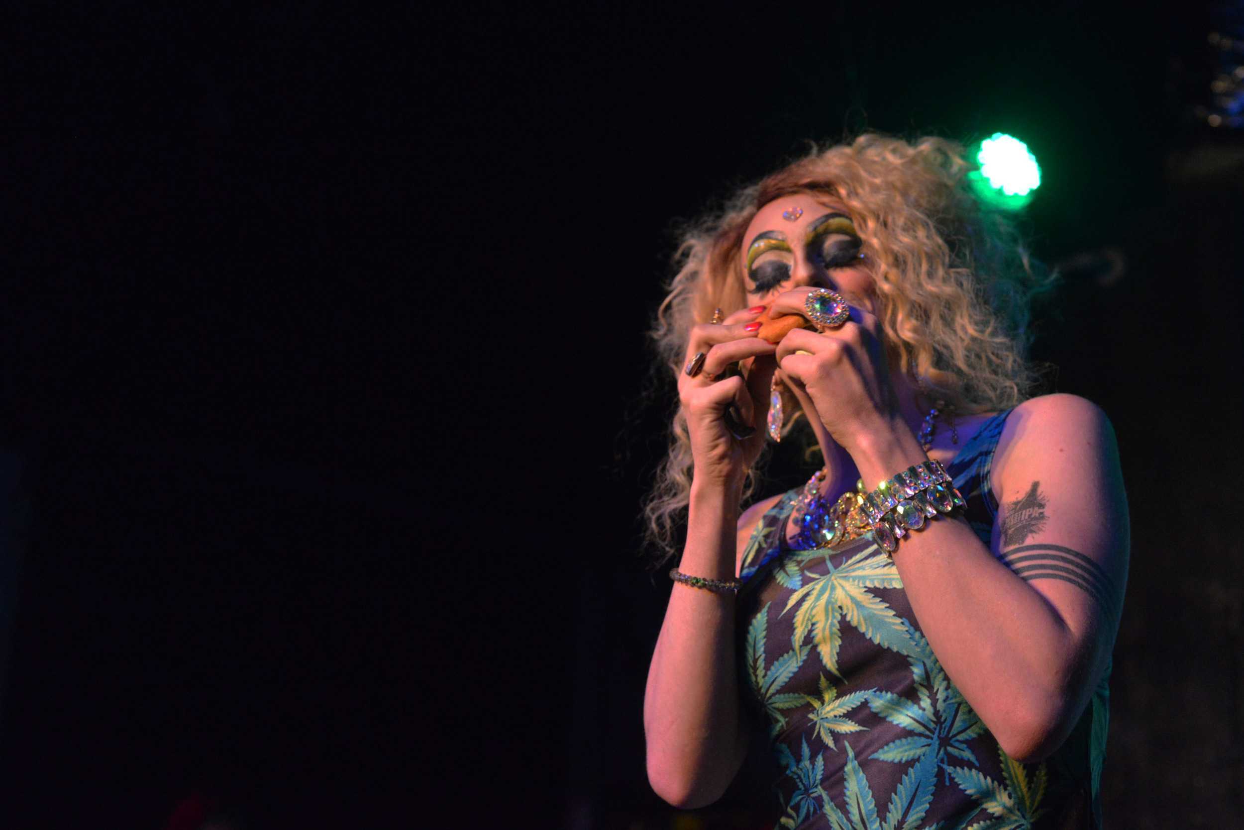   Rhonda Jewels gets the munchies performing as ‘4/20’ for Poo Poo Platter’s GAG ‘Everyday is a Holiday drag’ competition    Photo by Dahlia Dandashi  