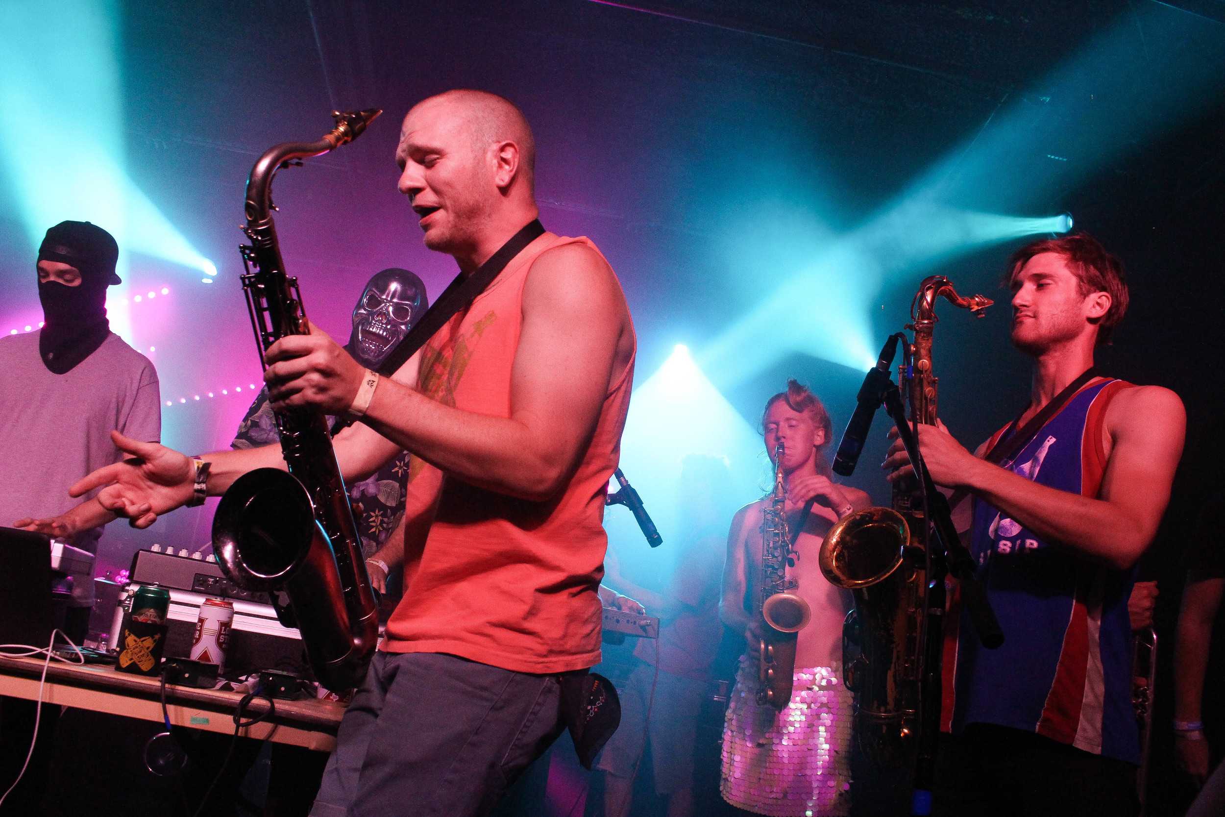   Funk-rockers SIP SIP incorporate singing, rapping, dancing, saxophone solos and DJs wearing skeleton masks into their set, with a band member count in the double digits.  