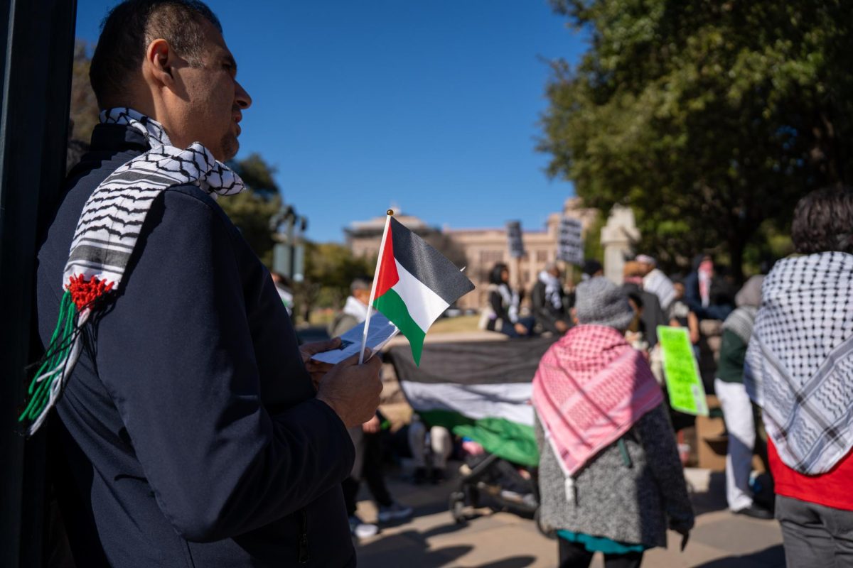 Protesters gathered at the Texas Capitol for a pro-Palestine rally and march in Austin, Texas on Sunday, Feb. 16, 2025.